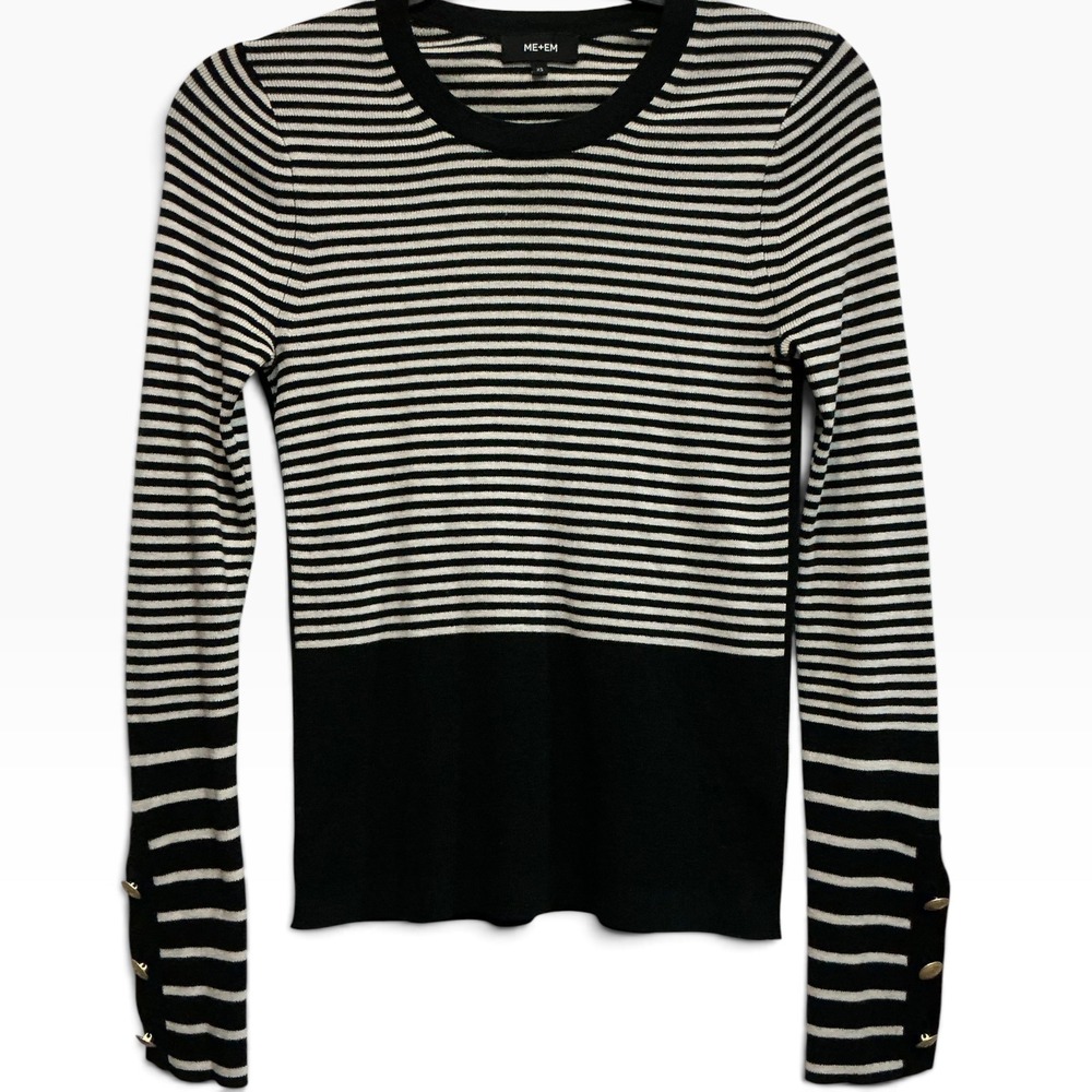 ME+EM Black Cream Striped Merino Wool Gold Button Cuff Sweater XS
